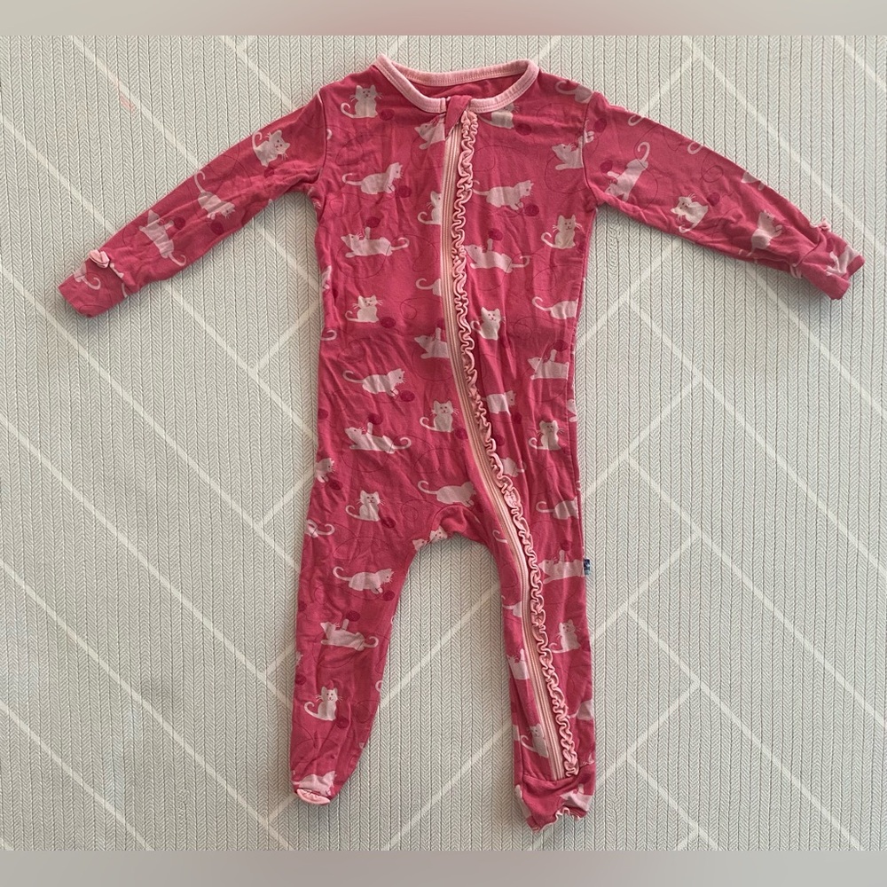 Kickee Pants Pink Cat Print Kids One Piece baby girl's size 12-18M